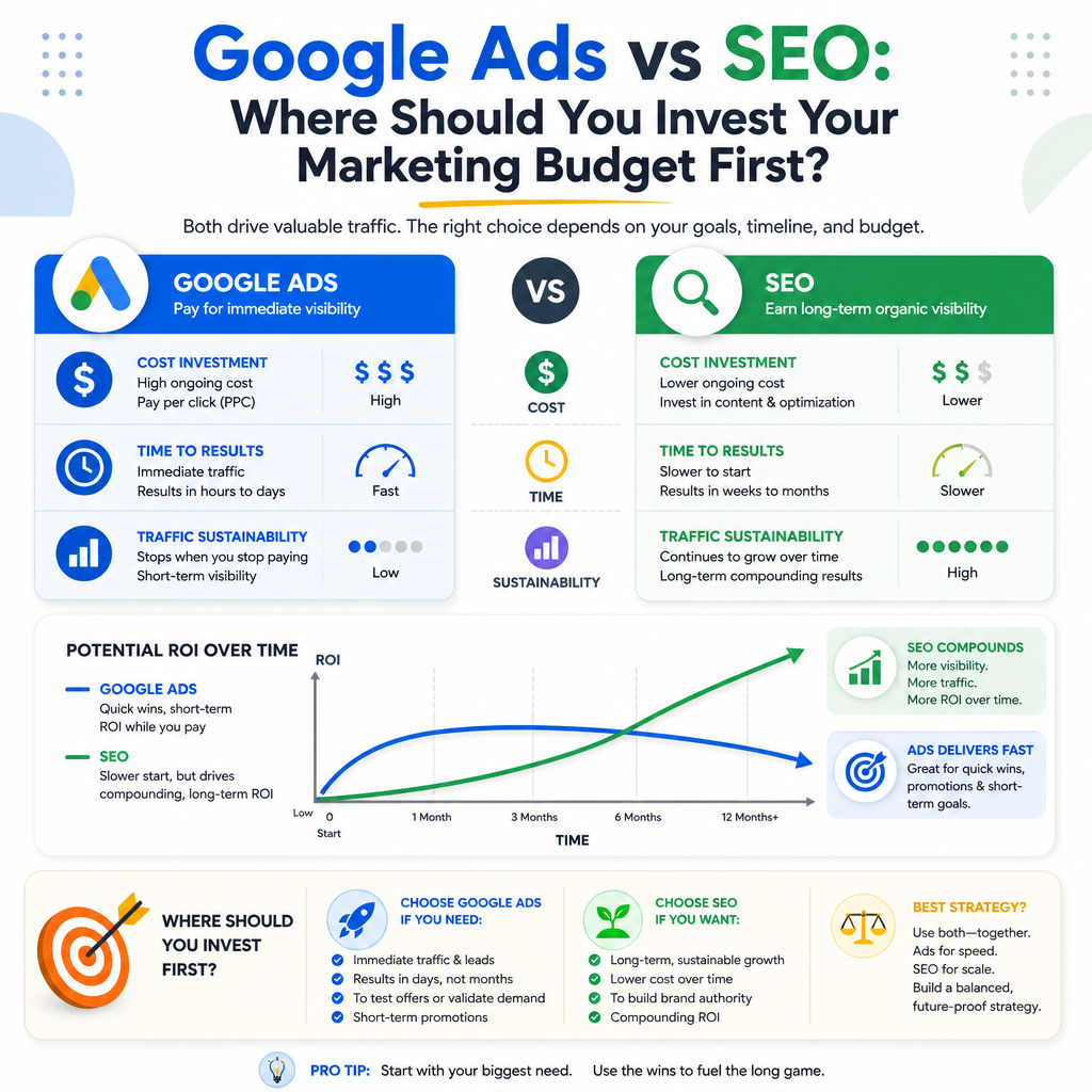 Infographic showing cost and time investment comparison between Google Ads and SEO